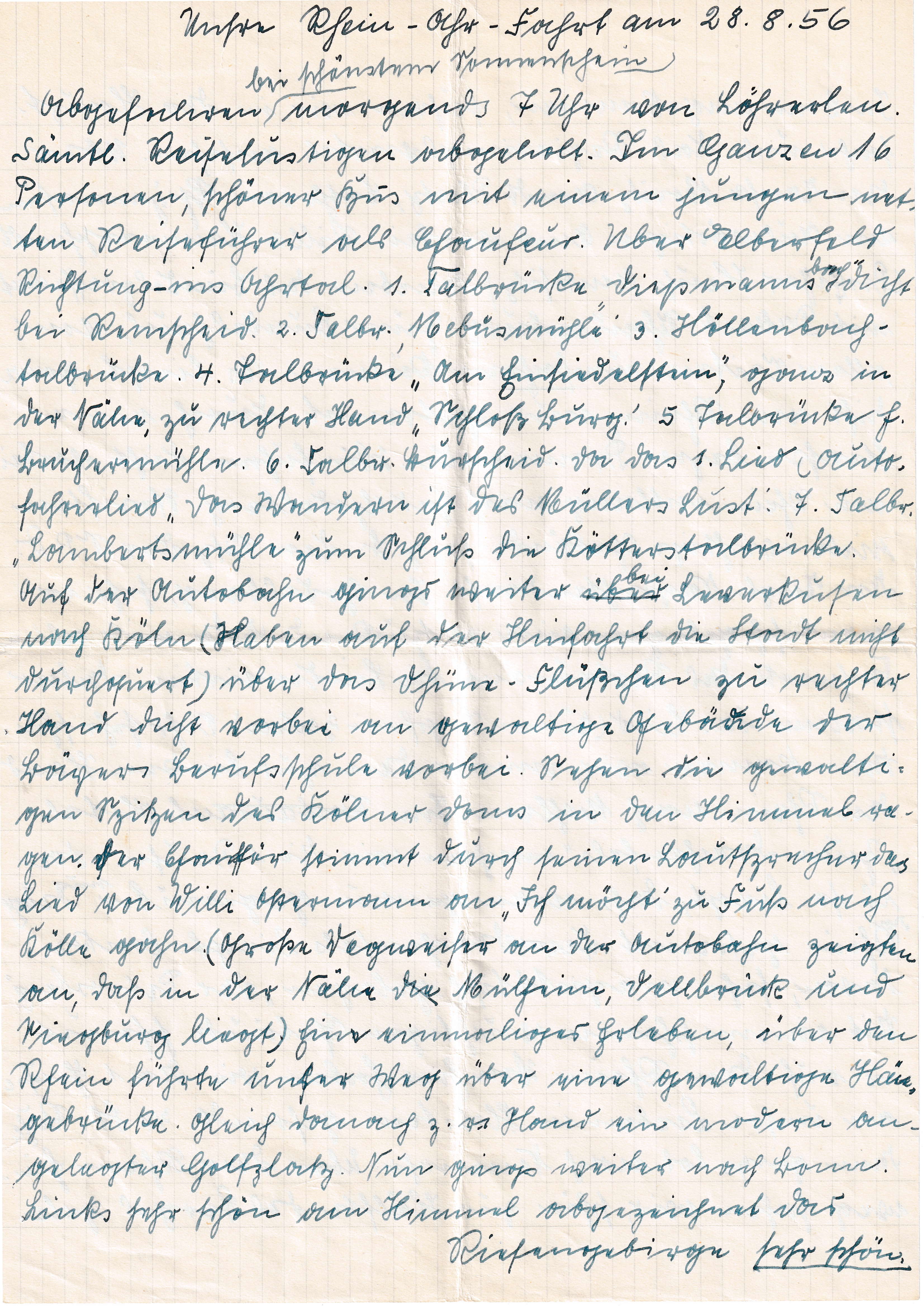 Reisebericht von Martha Lörzer 'Unser Rhein-Arft-Fahrt', 28.08.1956, 1/7